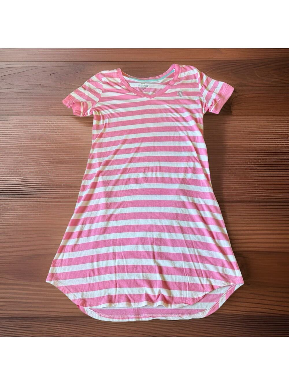 Lauren Ralph Lauren Pink White Striped Barbiecore Cotton Chemise Nightgown Sz M